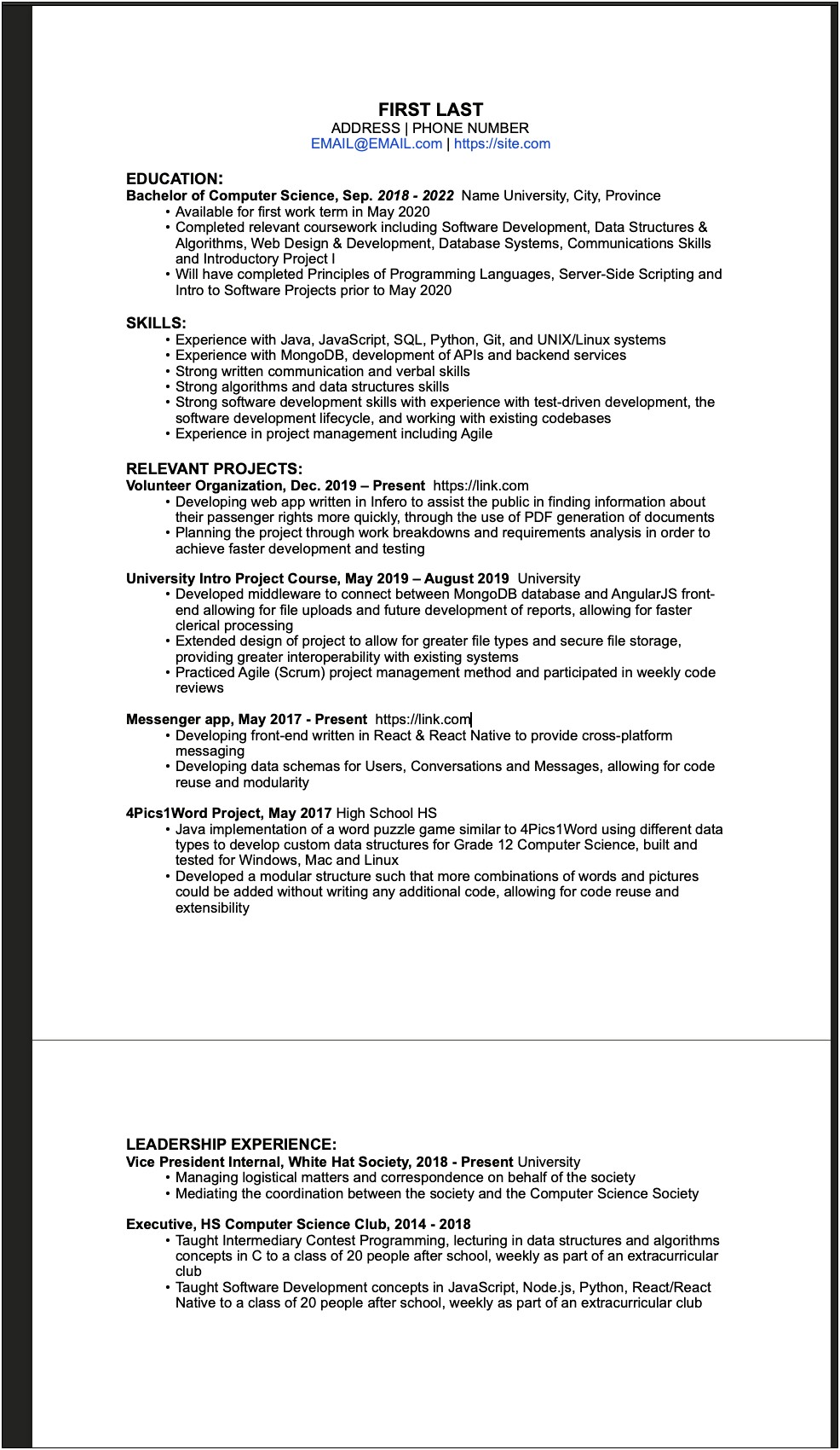 Strong Skills Comuter Science Resume