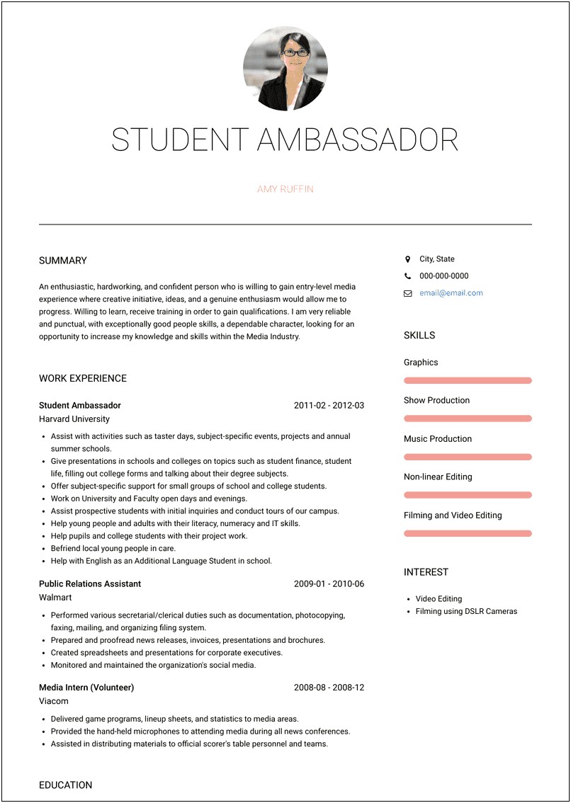 Student Ambassador Job Description Resume