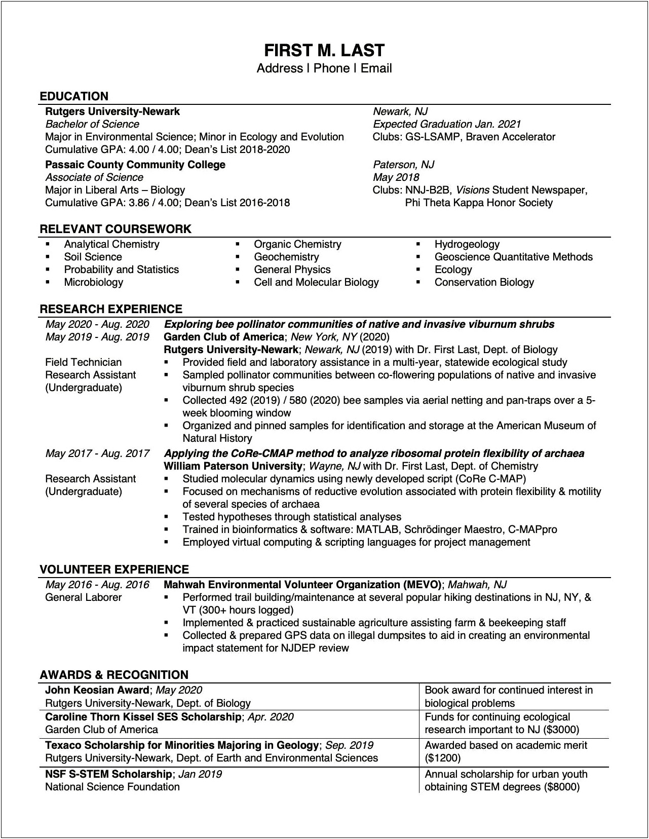 Student Environmental Science Resume Example