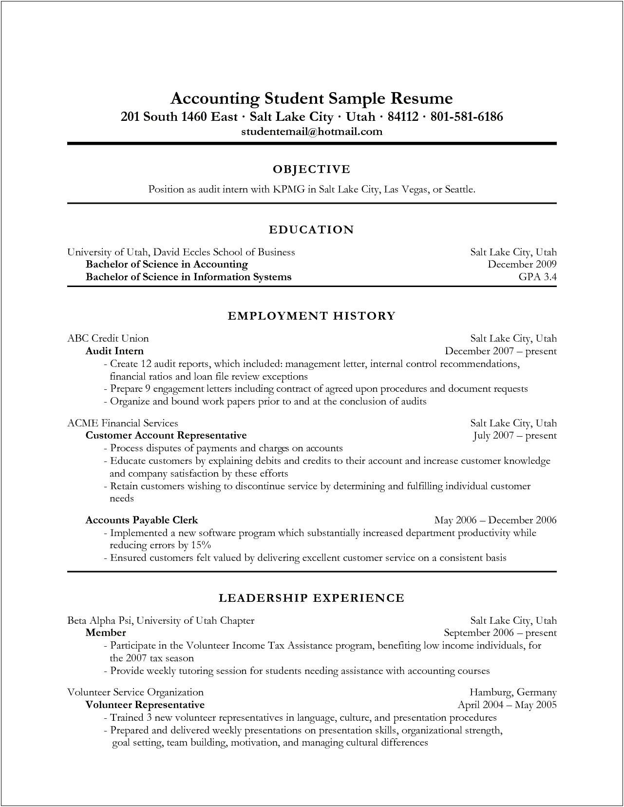 Student Intern Resume Objective Examples