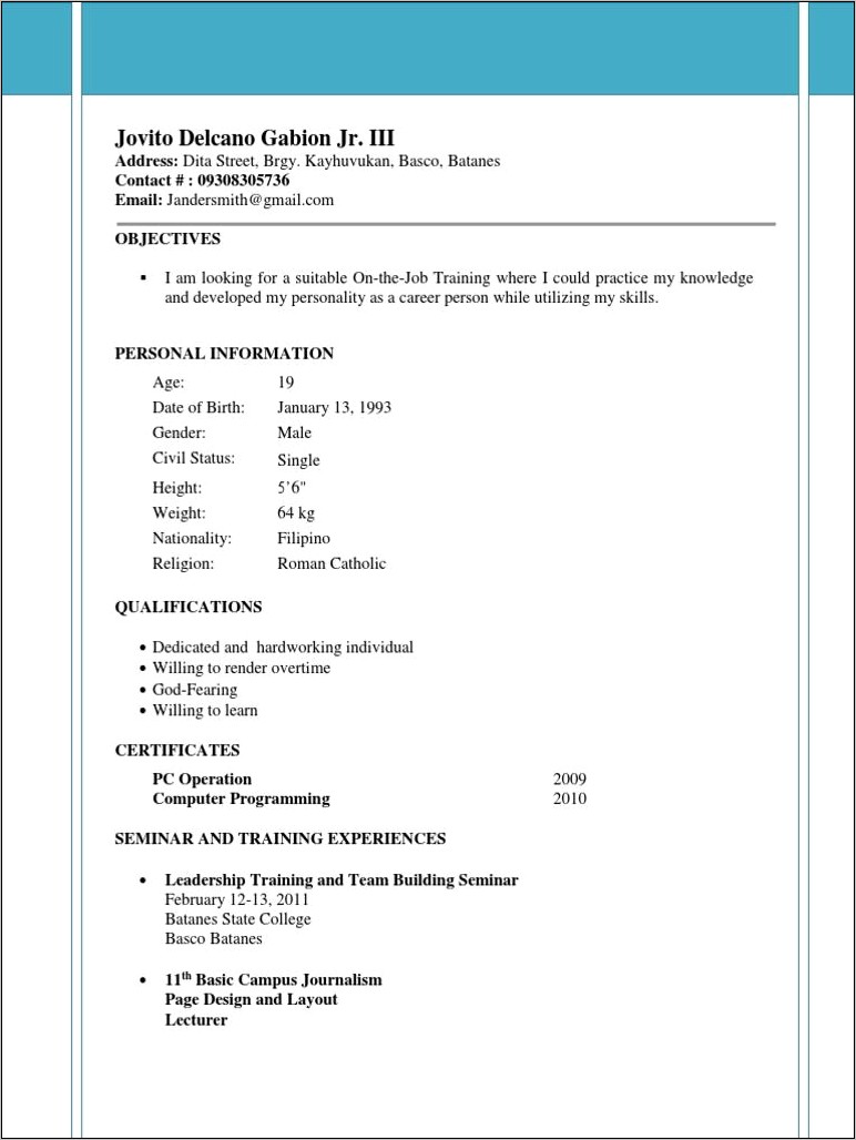 Student Resume Objective Examples Ojt