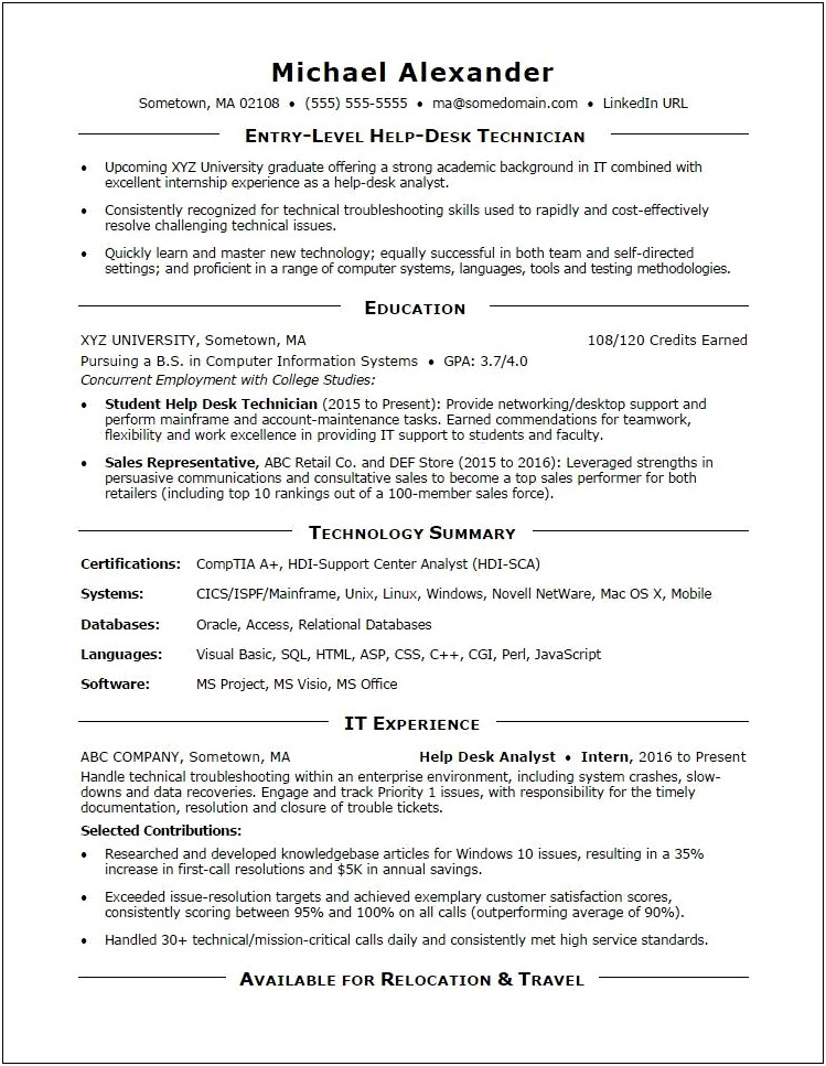 Student Resume Sample For Internship