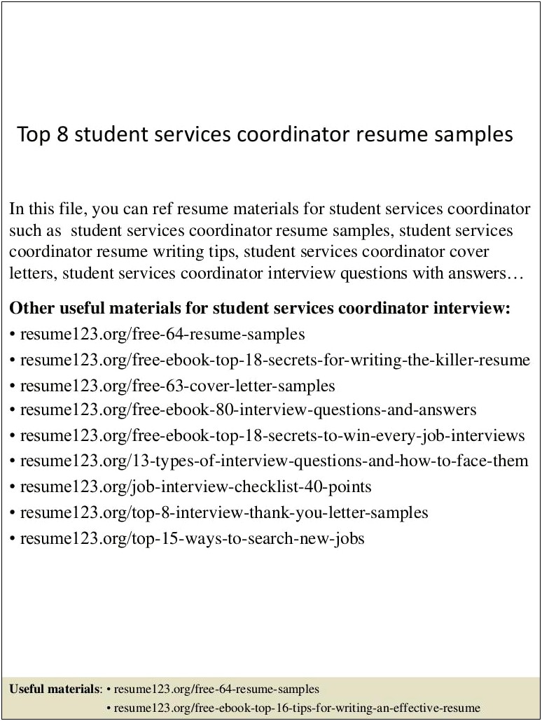 Student Services Coordinator Resume Sample