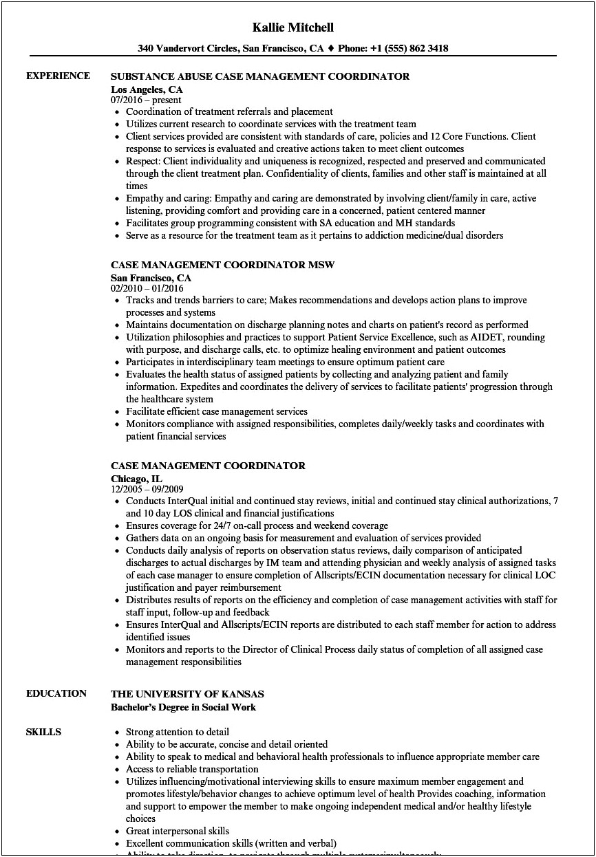 Substance Abuse Case Manager Resume