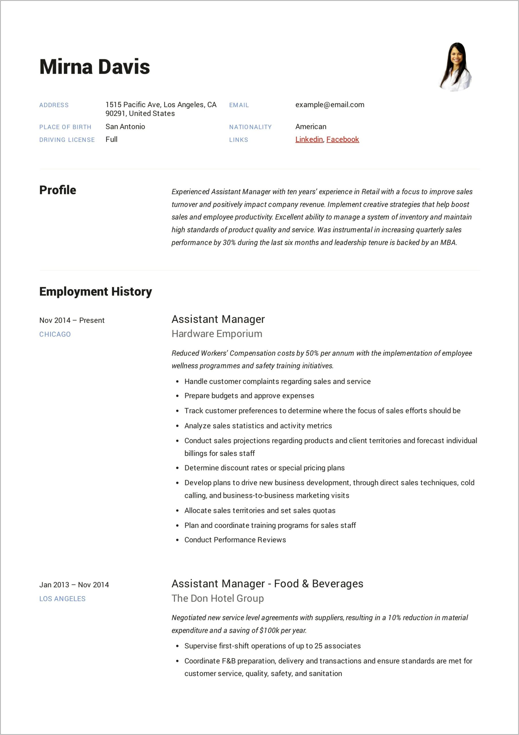 Subway Assistant Manager Resume Sample
