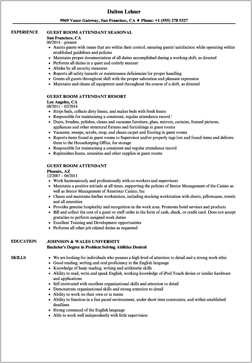 Suite Attendant Job Description Resume