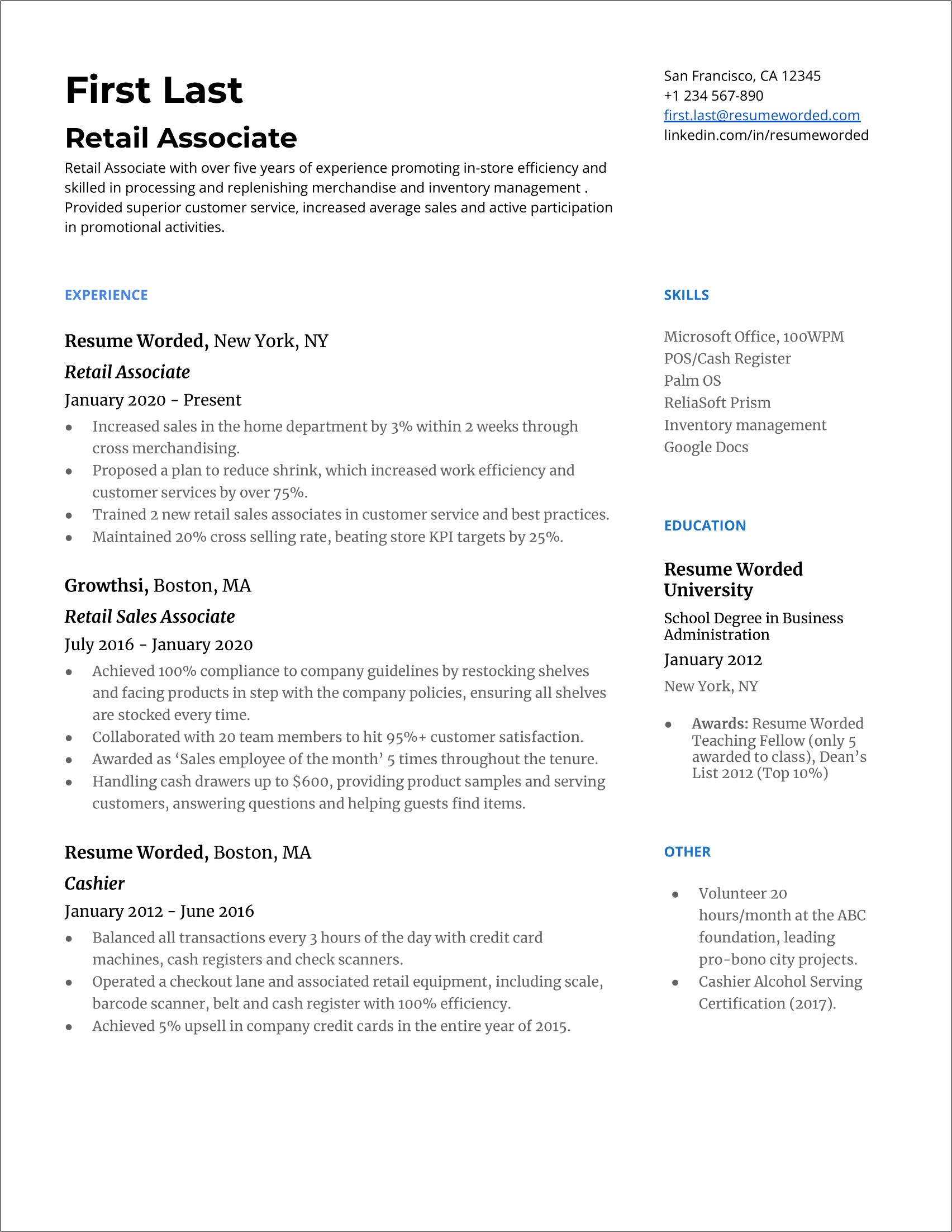 Summary For Resume Example Retail
