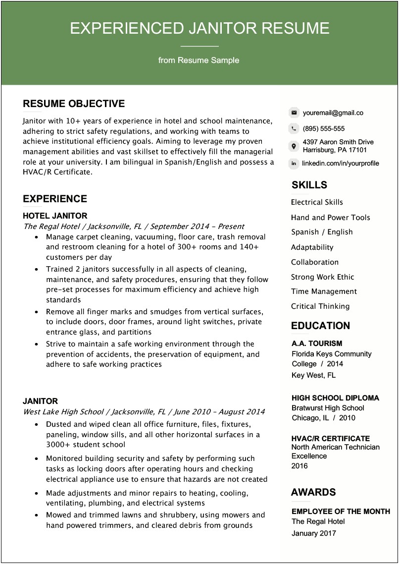 Summary For Resume Janitor Examples