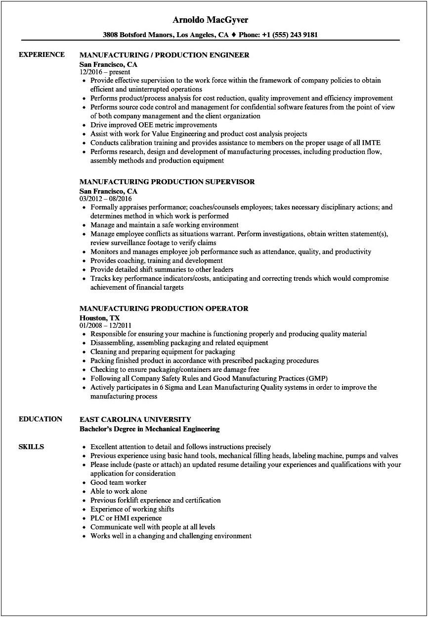 Summary For Resume Production Examples