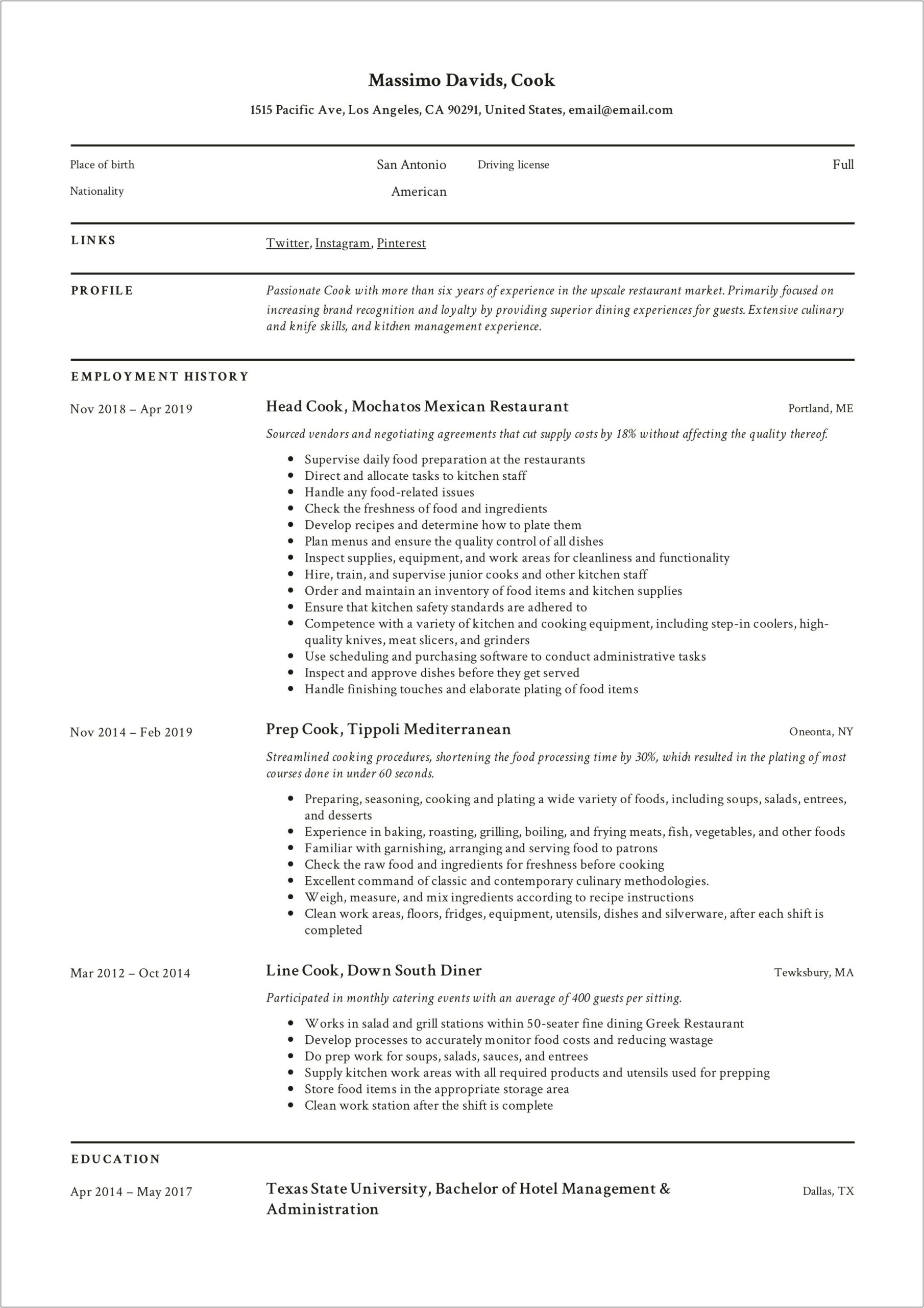 Summary For Resume Sample Cook