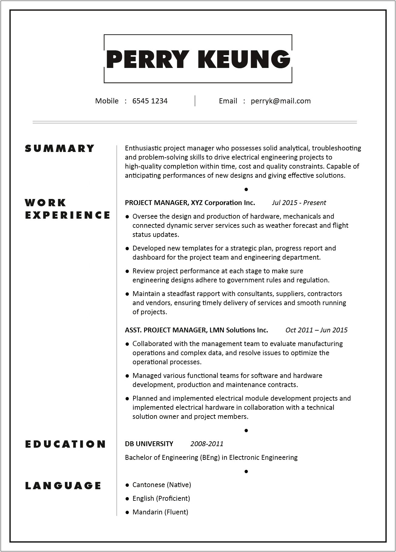 Summary Resume For Project Manager