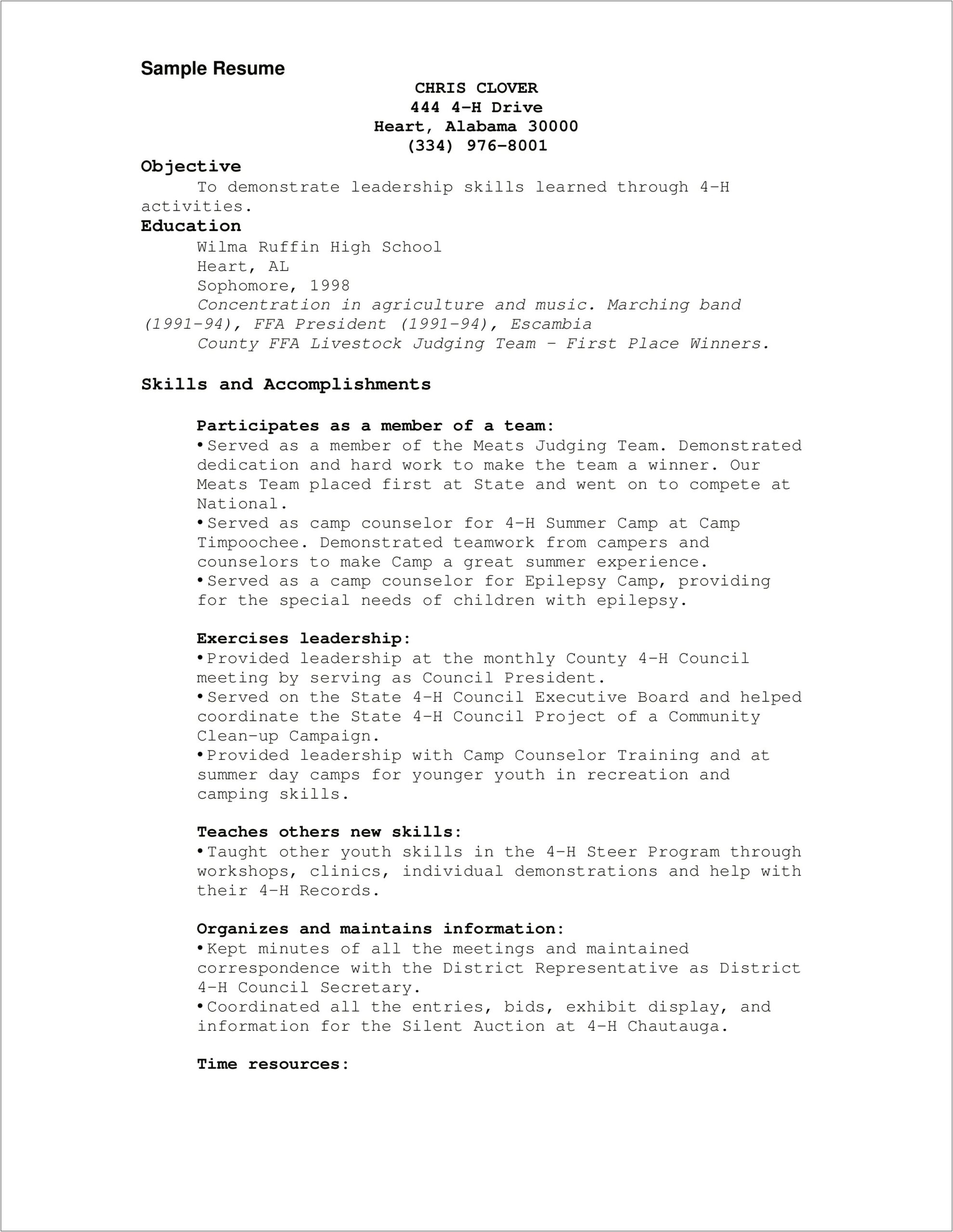 Summer Camp Counselor Resume Example