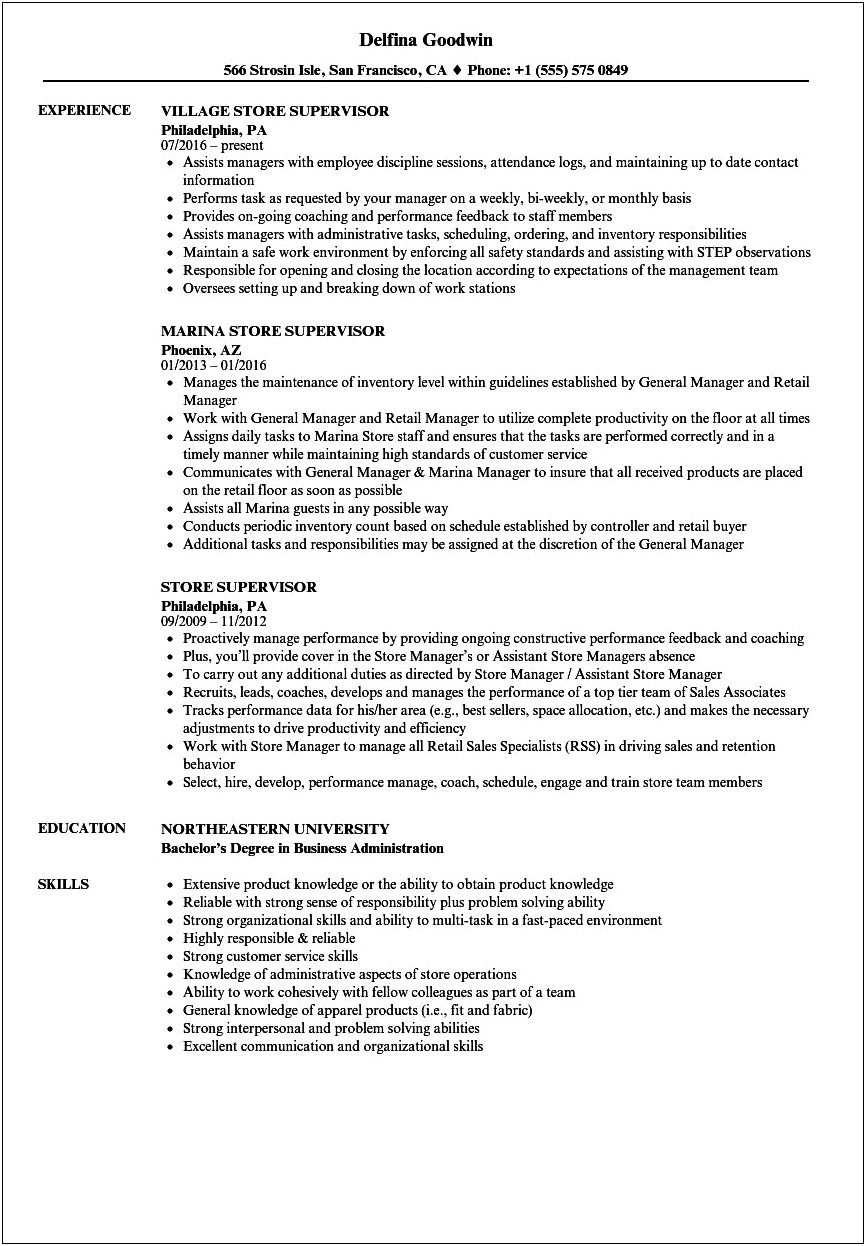 Supermarket Supervisor Job Description Resume