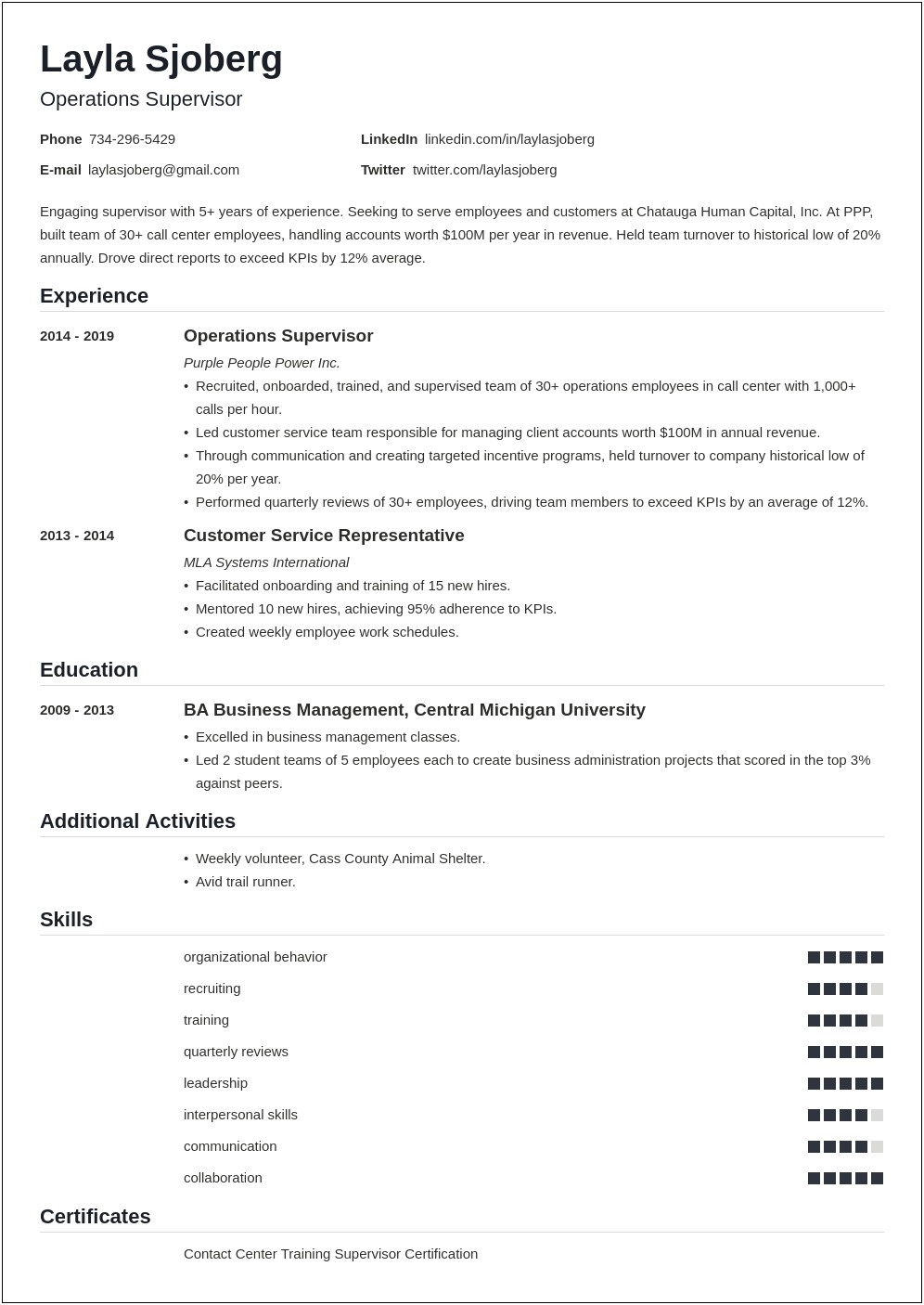 Supervisor Objective For Resume Examples