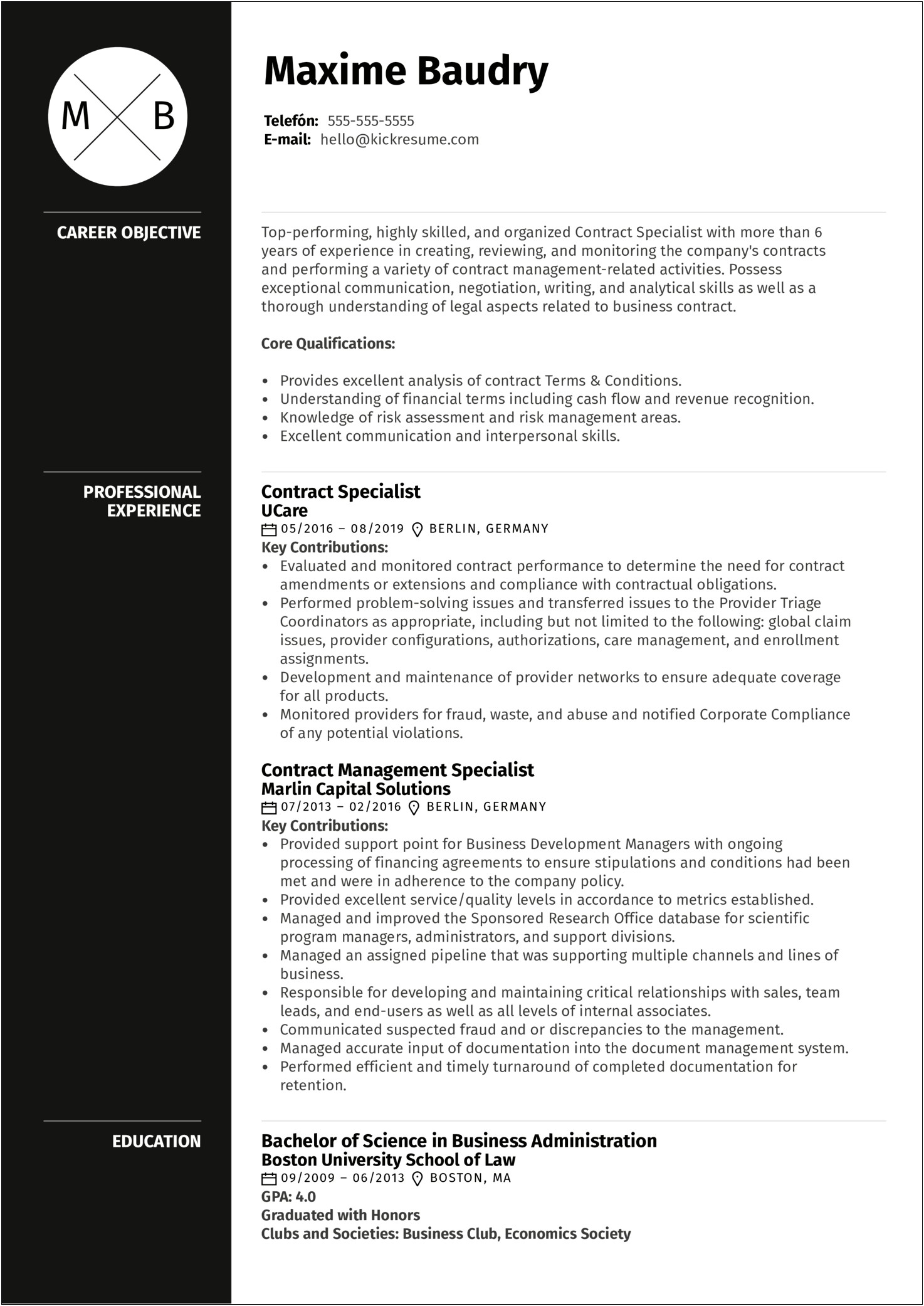 Supervisory Contract Specialist Resume Sample