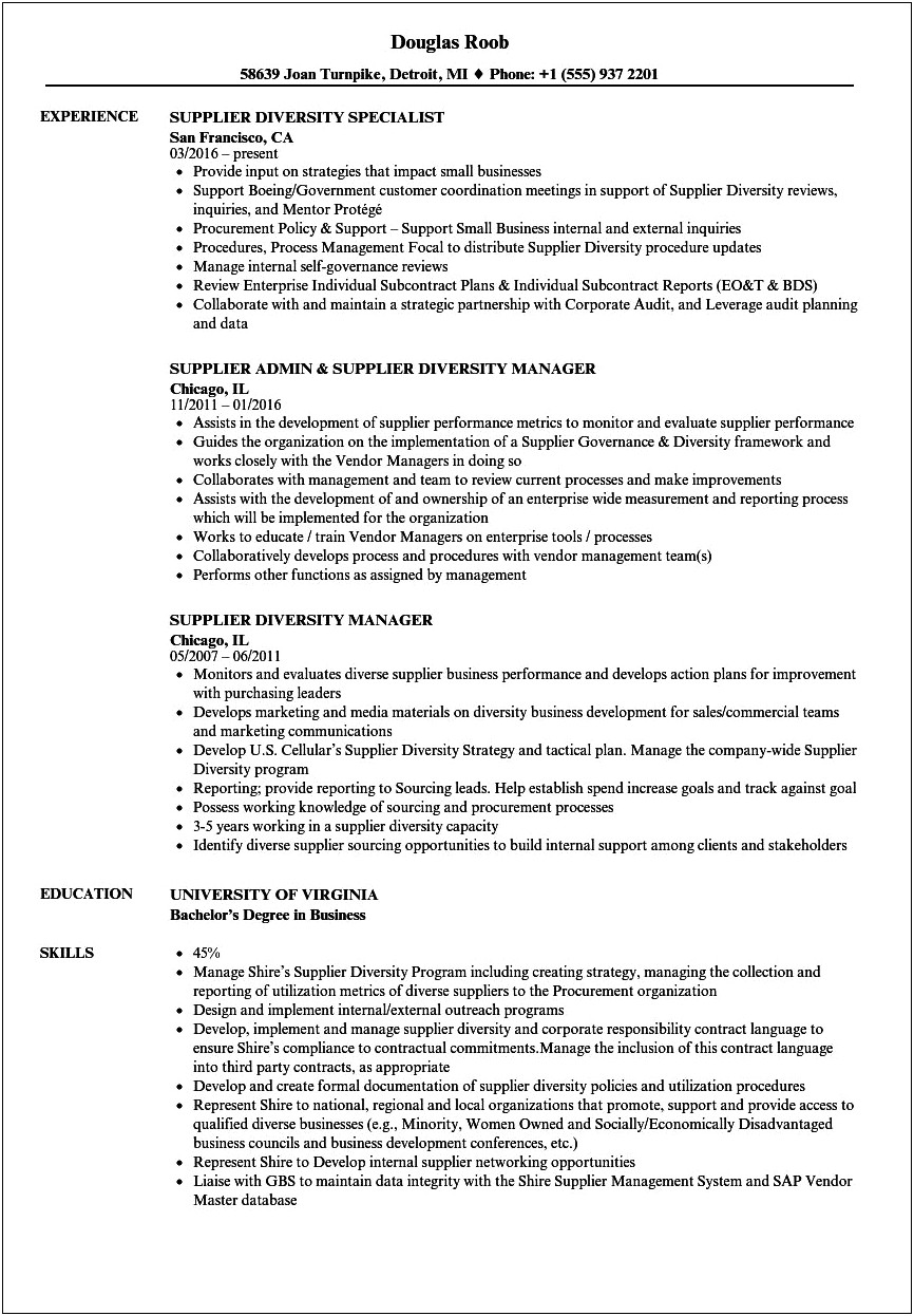 Supplier Diversity Manager Resume Example
