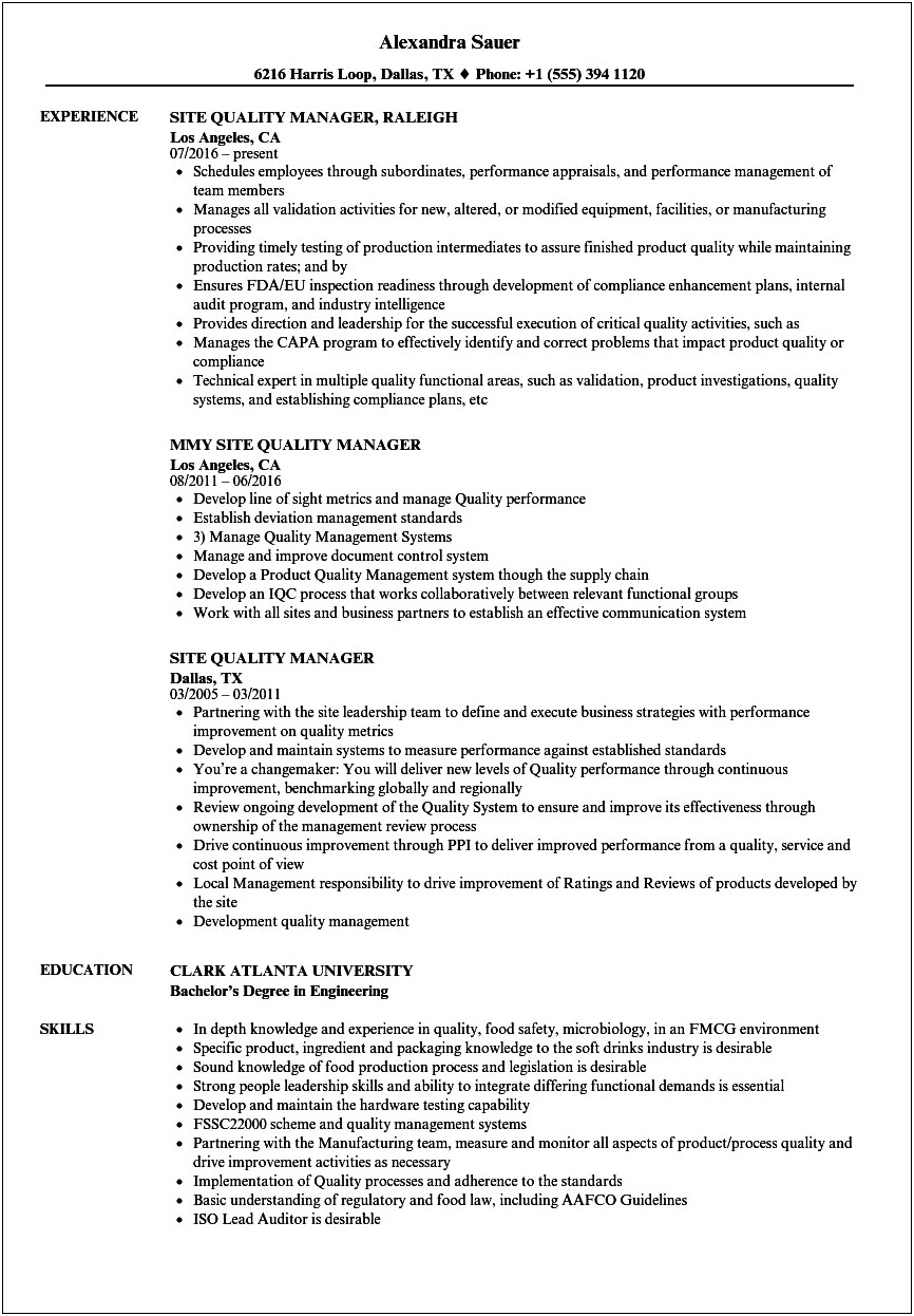 Supplier Quality Manager Resume Pdf