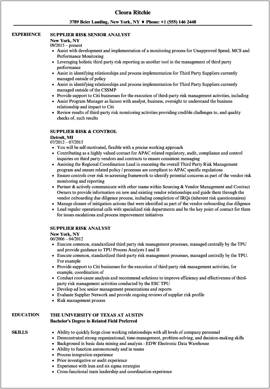 Supplier Quality Manager Resume Sample