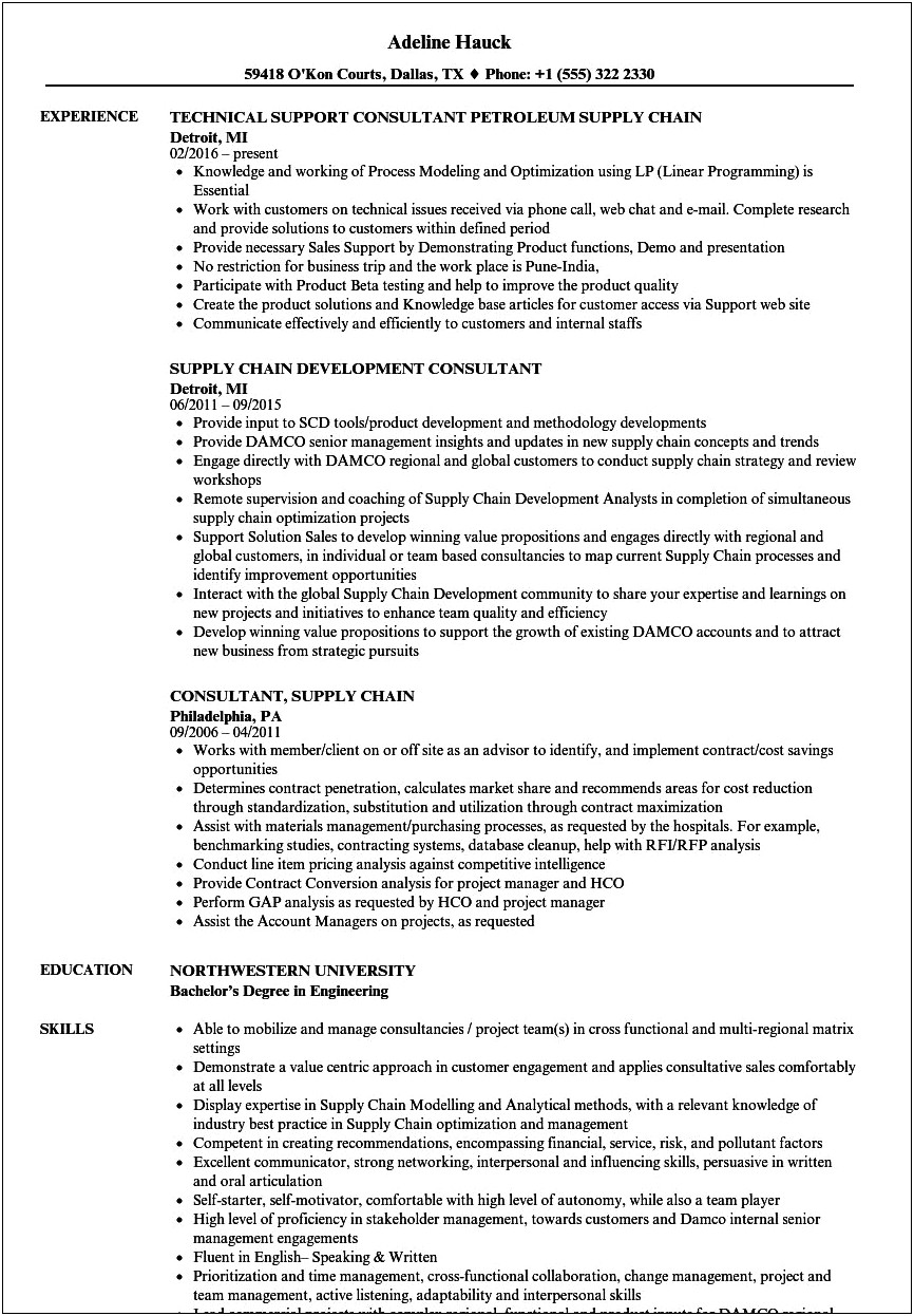 Supply Chain Consultant Resume Sample