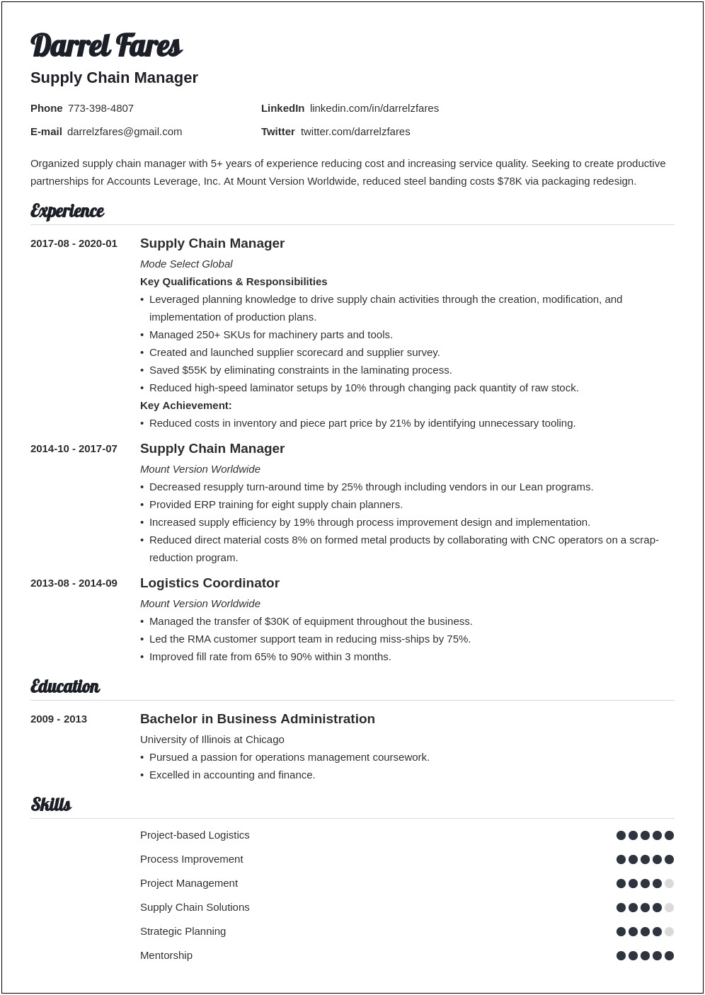 Supply Chain Management Class Resume