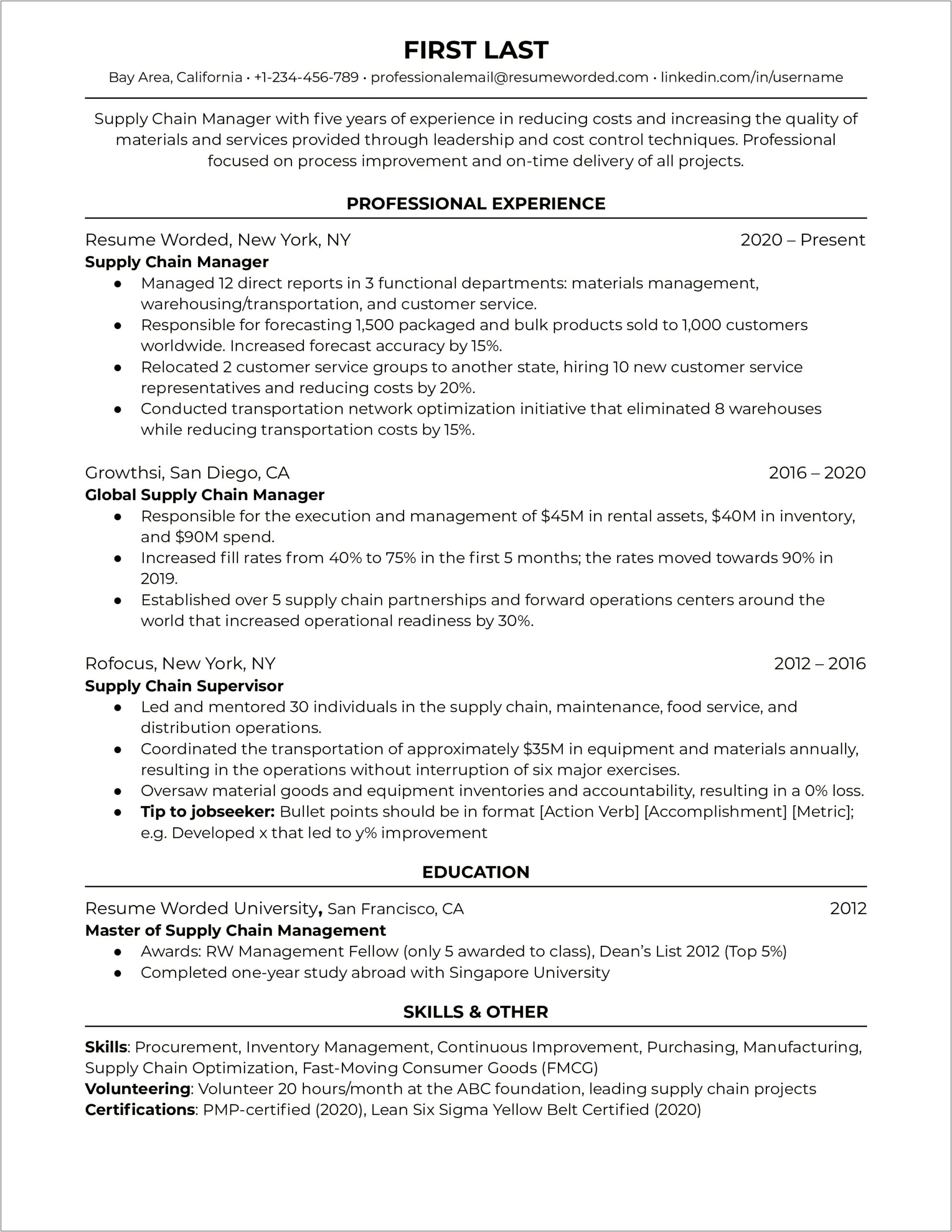 Supply Chain Management Executive Resume