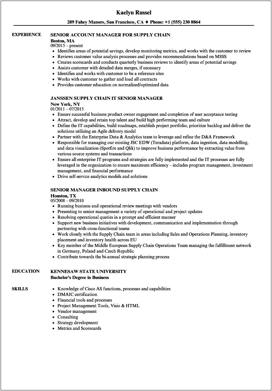 Supply Chain Management Manager Resume