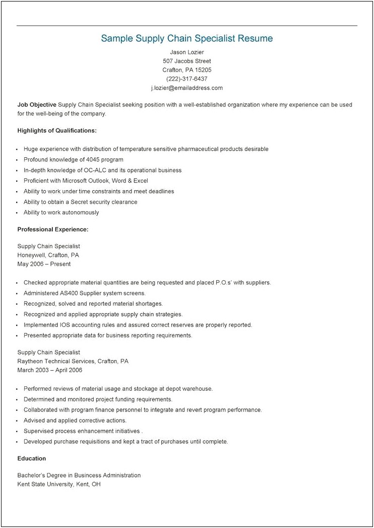 Supply Chain Specialist Resume Objective