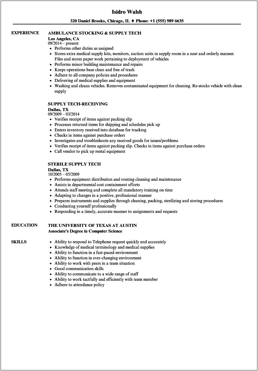 Supply Technician Job Description Resume