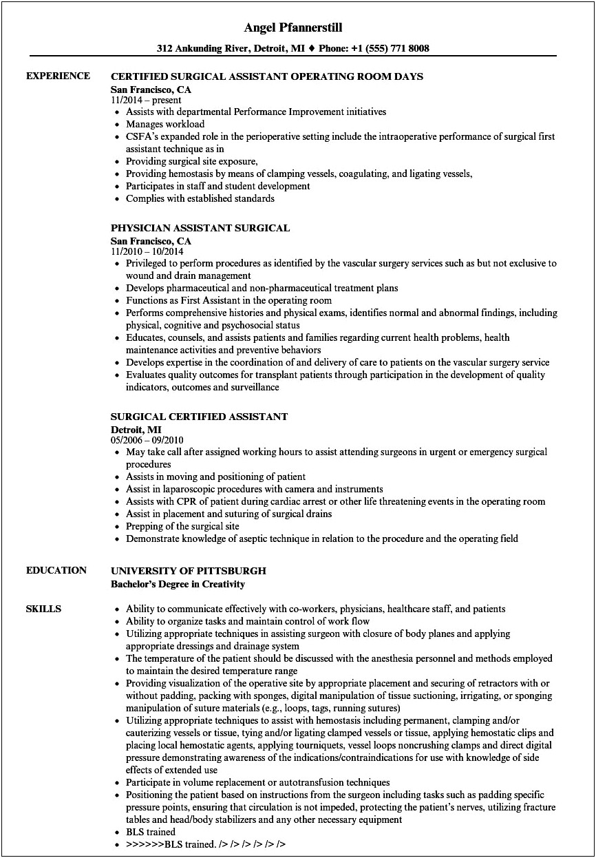 Surgical Assistant Job Description Resume