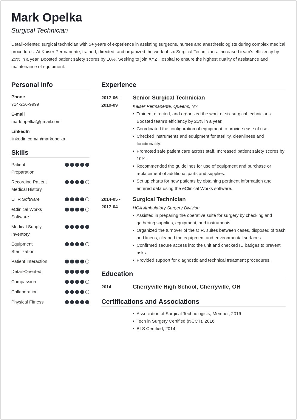 Surgical Tech Student Resume Sample