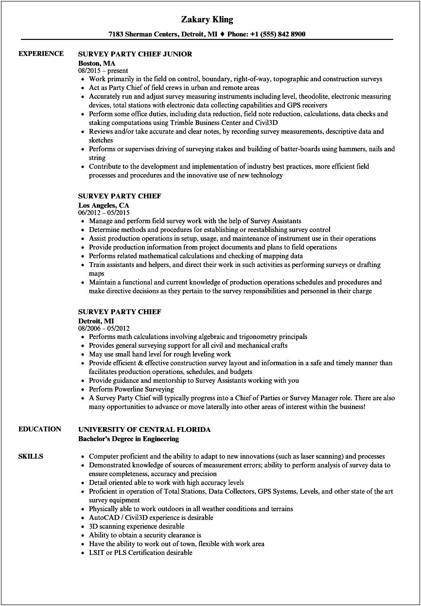 Survey Crew Chief Sample Resume