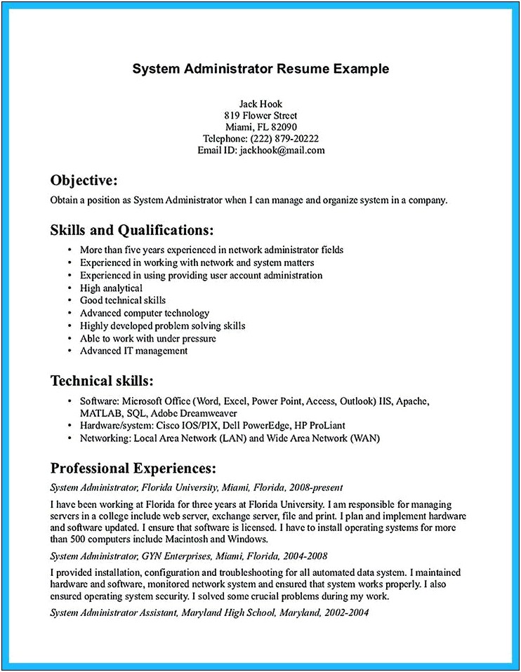 System Administrator Job Description Resume