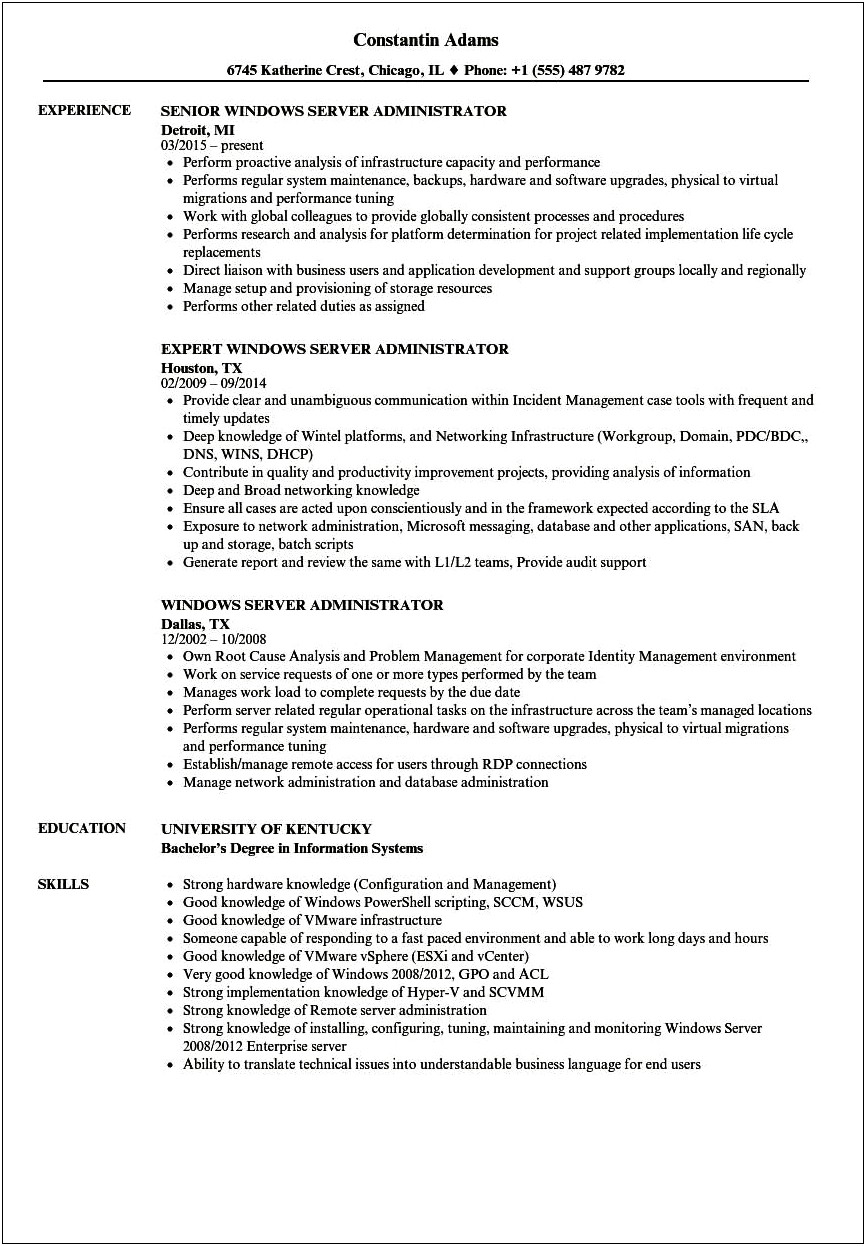 System Administrator Resume Job Description