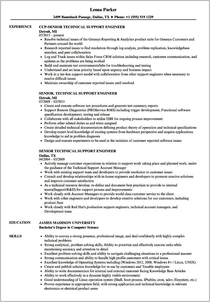 System Support Engineering Sample Resume