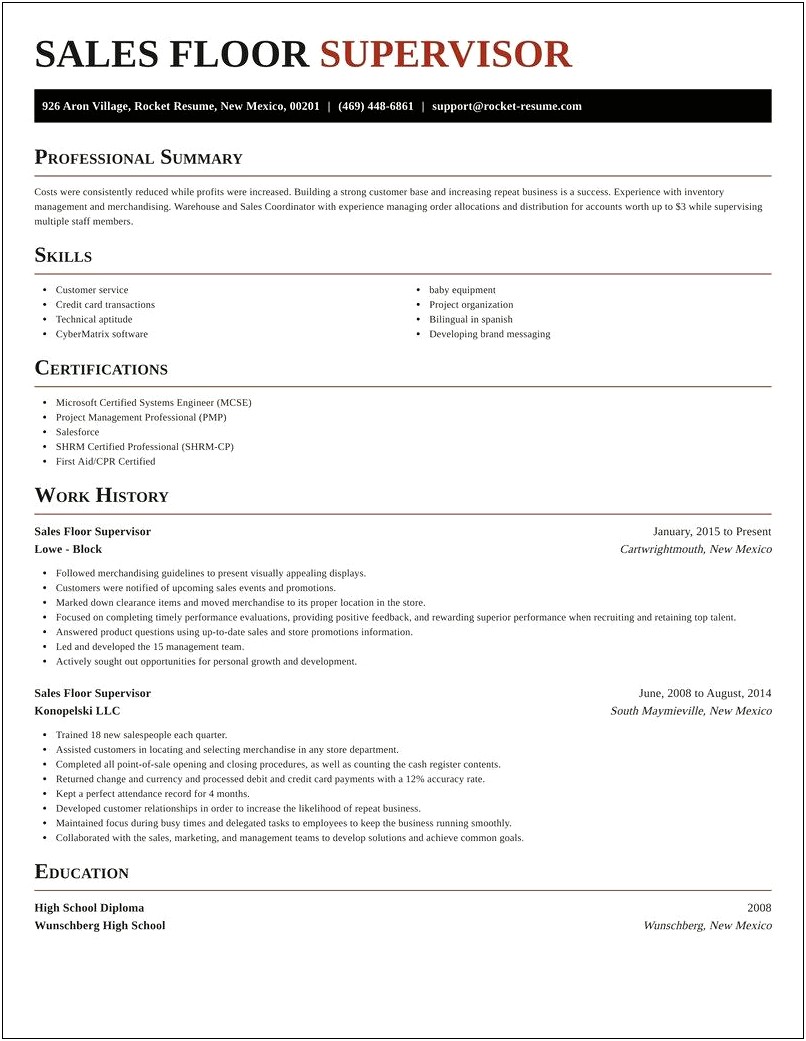 Table Games Supervisor Resume Examples