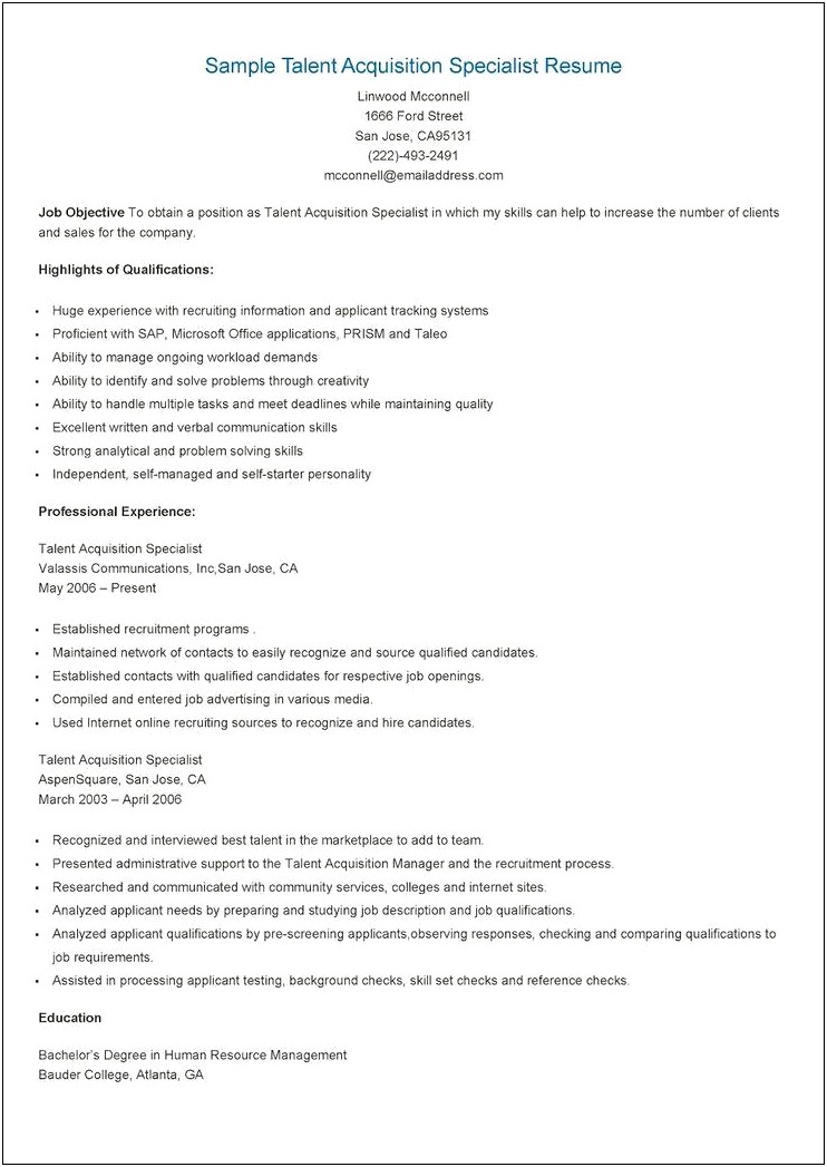 Talent Acquisition Executive Sample Resume