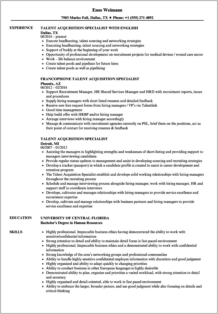 Talent Acquisition Manager Resume Pdf