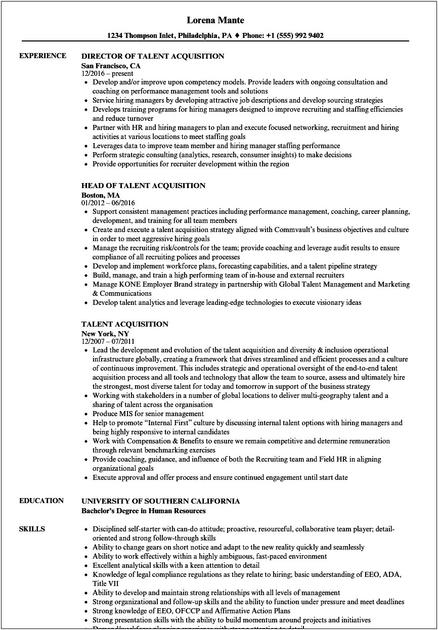 Talent Acquisition Manager Resume Summary