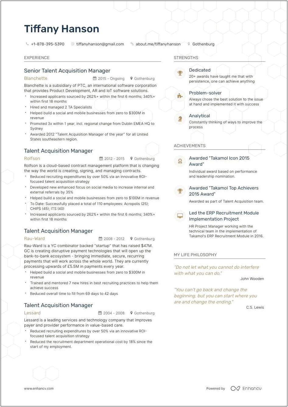 Talent Aquistion Manager Resume Summary