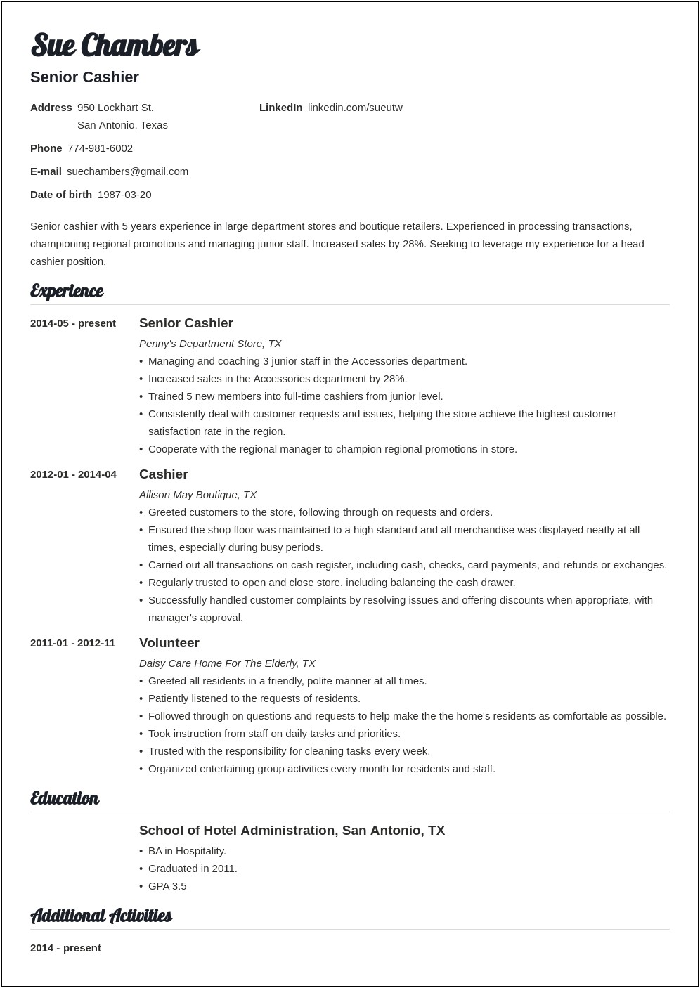 Target Cashier Resume Experience Examples