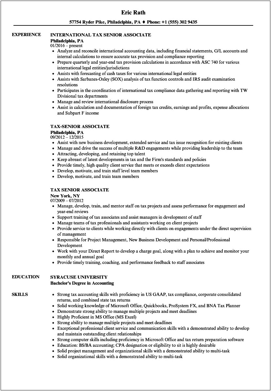 Tax Associate Job Description Resume