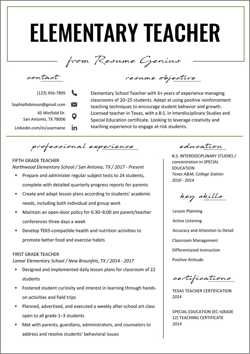 Teacher Resume Samples With Experience