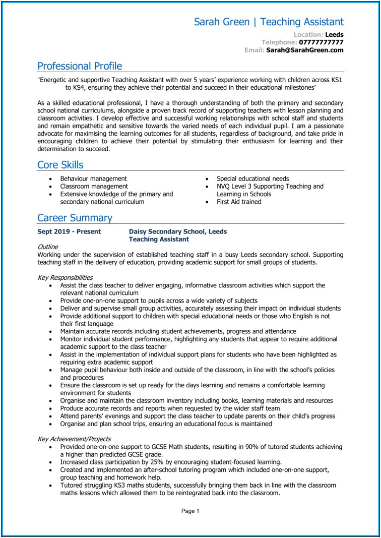 Teaching Assistant Experience Resume Sample
