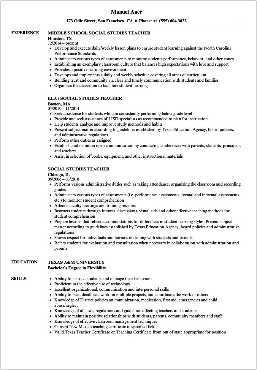 Teaching Resume With Other Jobs