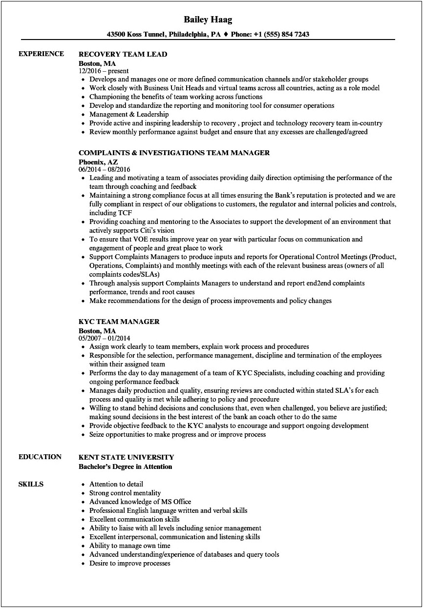Team Player Example For Resume