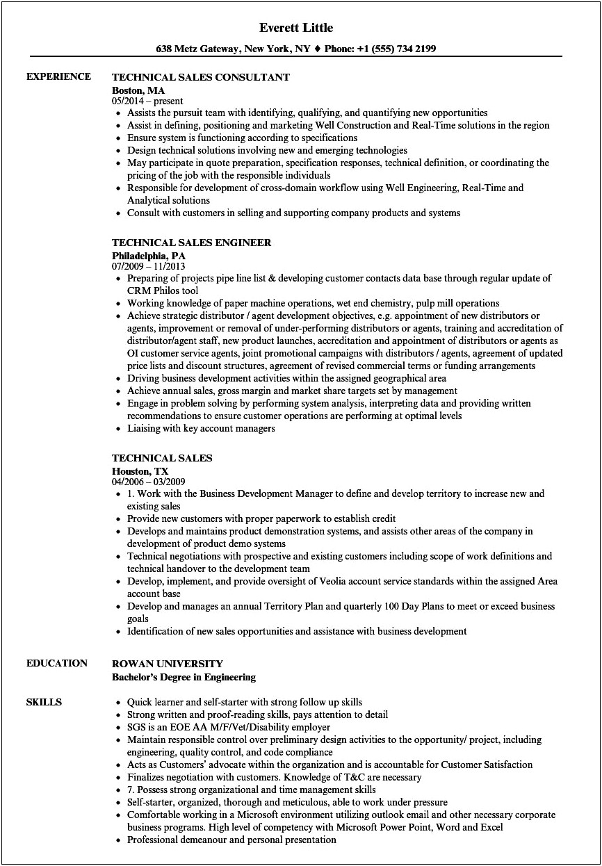 Technical Sales Manager Sample Resume