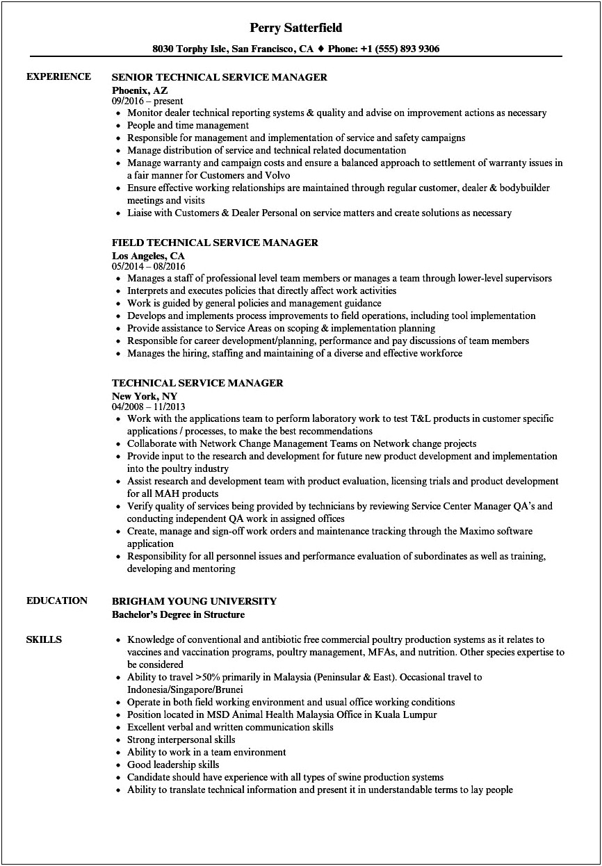 Technical Service Manager Resume Sample