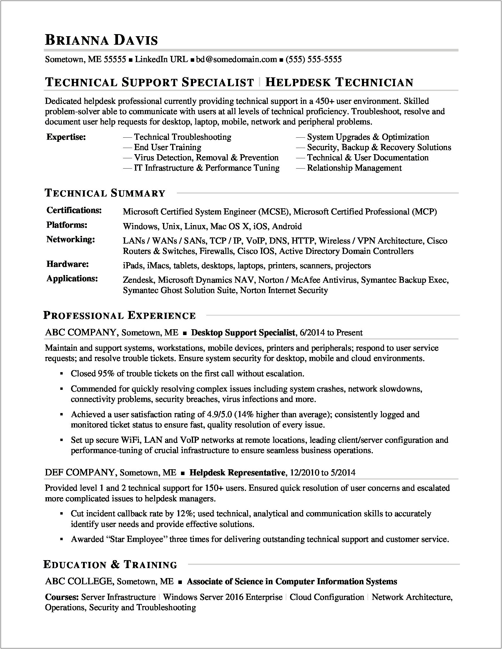 Technical Support Analyst Resume Example