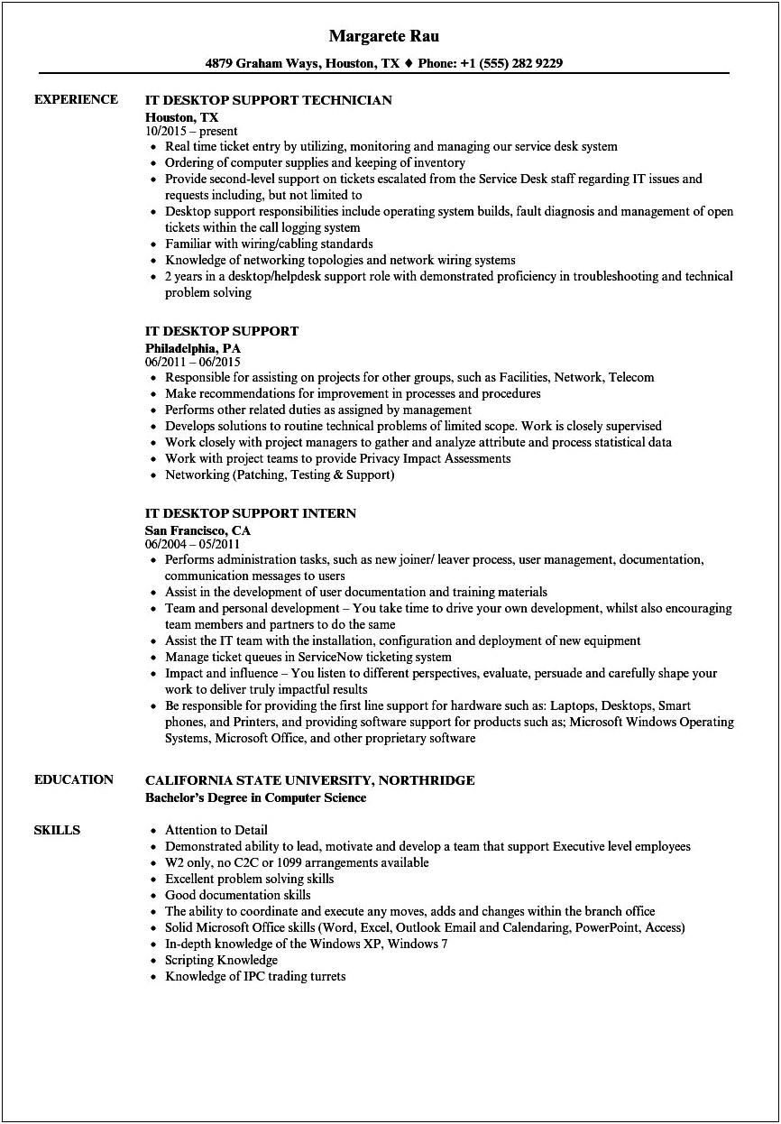 Technical Support Experience Resume Sample