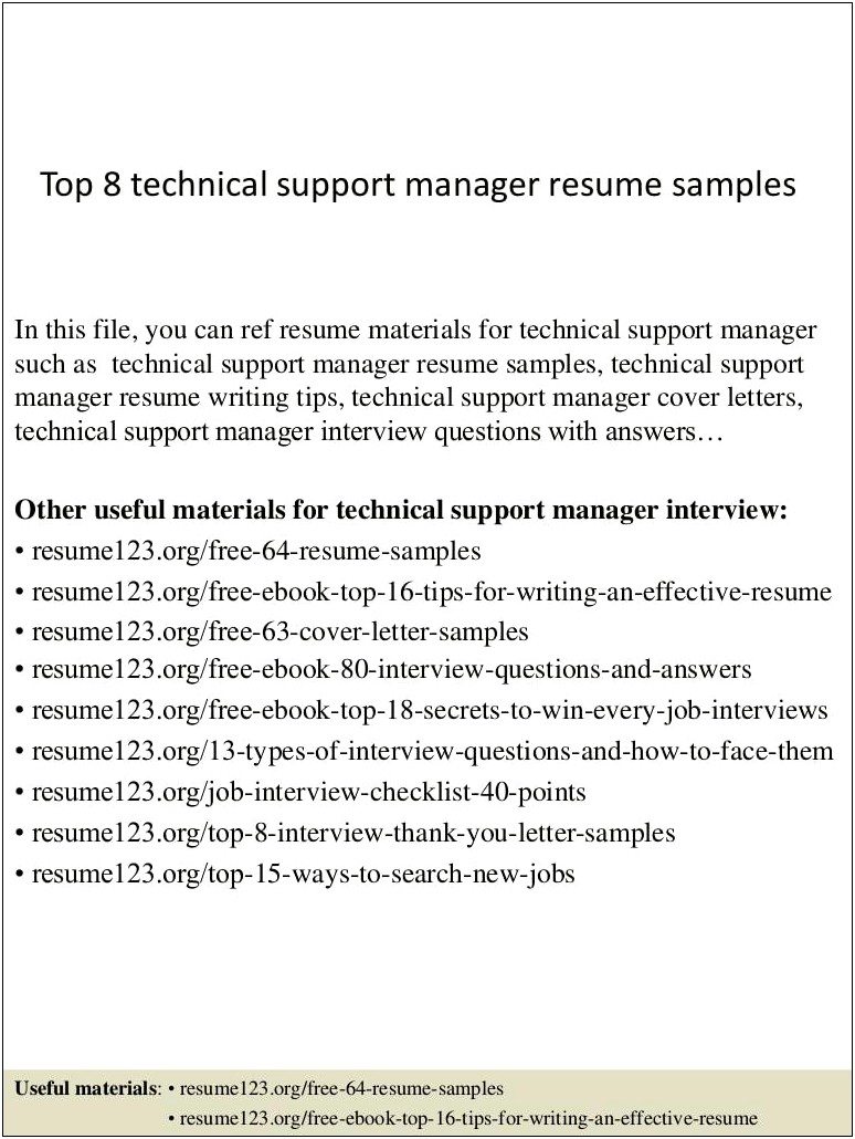 Technical Support Manager Resume Summary